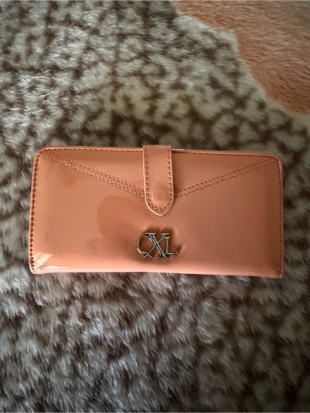 Patent Peach Long Snap Wallet with Logo Accent